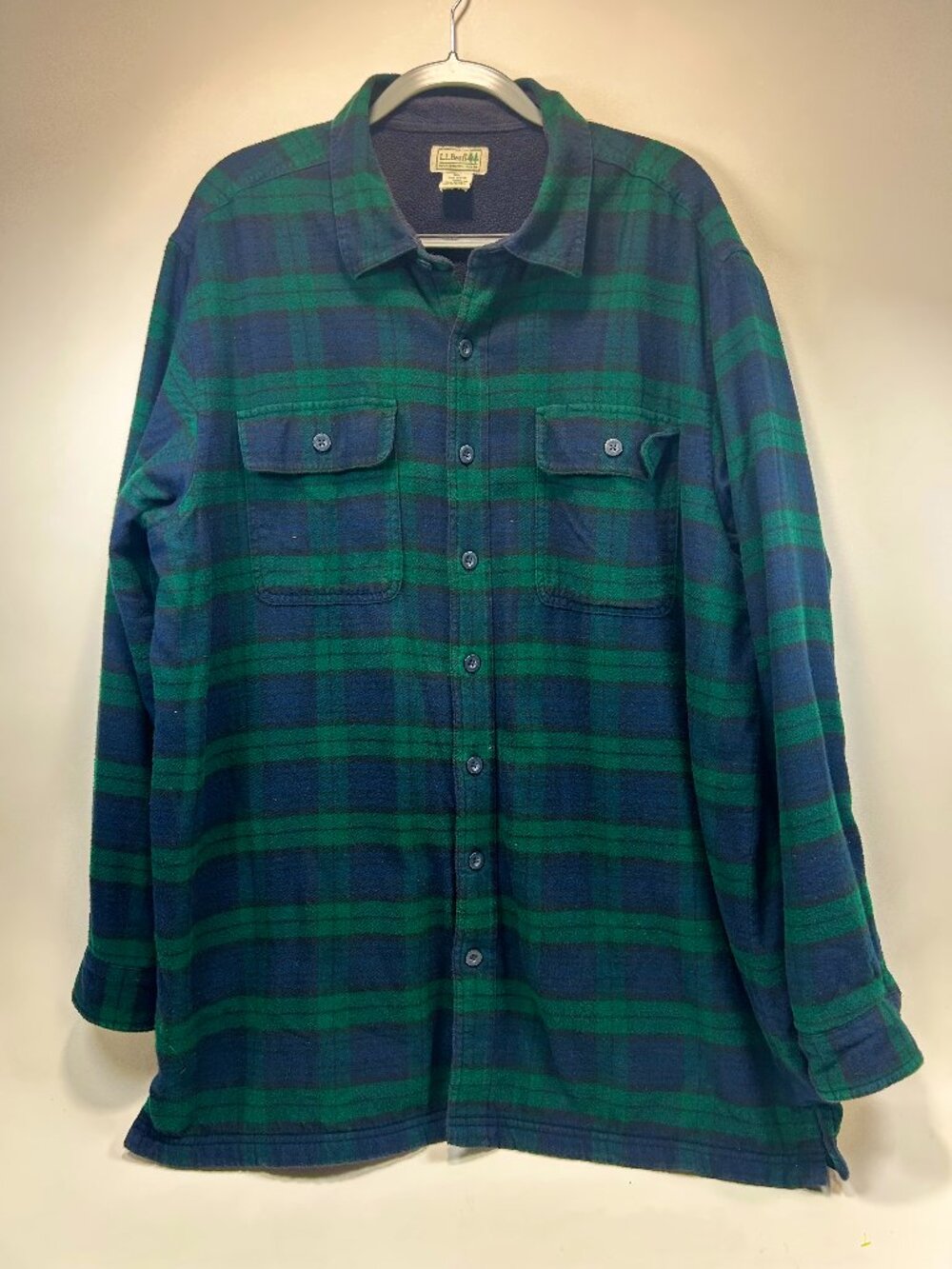 Mens L.L. Bean Plaid Fleece Lined Flannel Shirt Jacket XL Tall Green Navy Cotton